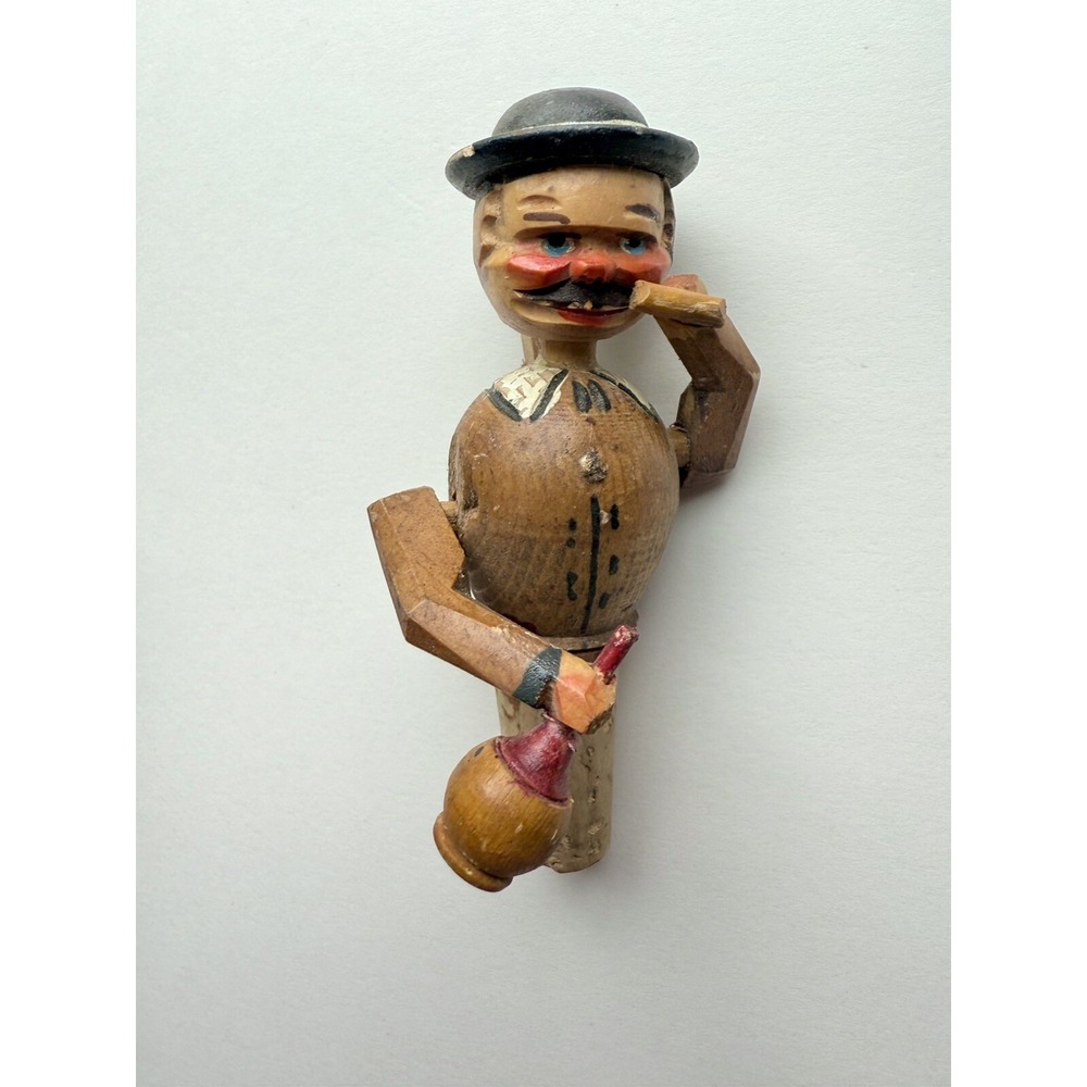 Vintage German Hand Carved Drinker Wood Puppet Cork Wine Stopper Mechanical